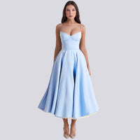 Heidi-Mode | Stilvolle V-Ausschnitt A-Linien Maxi Kleid – Blau