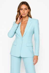Damen Doppelreihiger Schmaler Business Hosenanzug – Hellblau