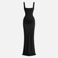 Waltraud | Damen Langes Satinkleid Verstellbare Träger – Satin Maxi Trägerkleid – Schwarz