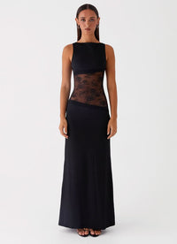 Amanda - Transparentes Spitzen-Panel ärmelloses Maxikleid – Schwarz