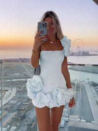Joëlle | Damen Asymmetrisches Rüschen Mini Abendkleid – Weiß