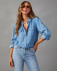Damen Oversized Brusttaschen Denim Bluse – Blau