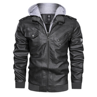 Herren Lederjacke - Stylisch mit abnehmbarer Kapuze und Details – Dunkelgrau