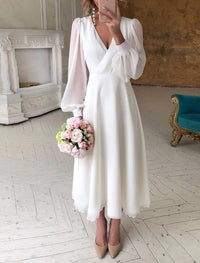 Damen Festliches Hochzeitsgast Midikleid – Weiß
