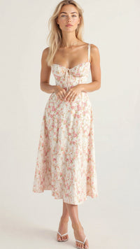 MARGARETHA - Floral Satin-Corsage Midi-Kleid mit Frontschlitz – Rosa