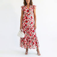 Sarah | Damen Elegant Rüschenärmeln Geblümtes Kleid – Rosa