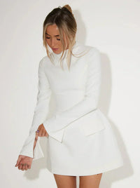 Damen Langarm Mini Etui Kleid – Weiß