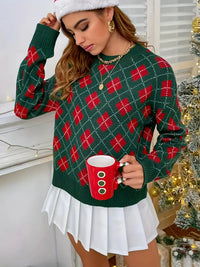 Keymaris | Weihnachtlicher karierter Pullover mit Rundhalsausschnitt, lässiger Pullover mit langen Ärmeln – Mehrfarbig