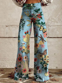 Heidi-Mode | Bequeme Damen Palazzo Hose mit Floralem Muster – Blauer Wald