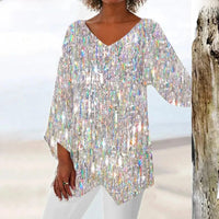 Nadine | Trendiges Langarm Top mit V Ausschnitt – Silber