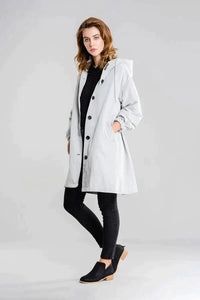 Wiebke | Damen Lässig Knopfverschluss Lange Regenjacke – Grau
