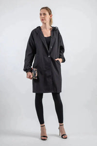 Wiebke | Damen Lässig Knopfverschluss Lange Regenjacke – Schwarz