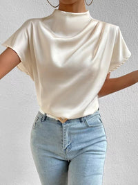 Damen satinierte Bluse mit elegantem Stehkragen – Weiß