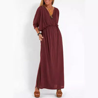 Sommerkleid für Damen - Luftiges Maxikleid mit 3/4 Ärmeln – Bordeaux