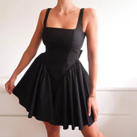 Damen A-Linien Minikleid mit quadratischem Ausschnitt und voluminösem Rock – Schwarz