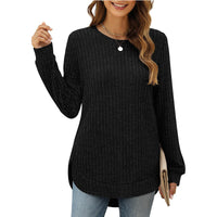 Damen Bequemer Ripp-Pullover mit seitlichen Schlitzen und Rundhals – Schwarz