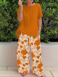 Damen Freizeit Zweiteiler mit Blumenmuster | Weite Hose – Orange