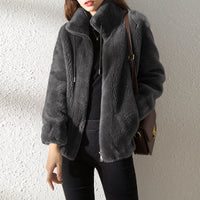Plüschiger Fleece-Pullover mit hohem Kragen für Damen – Grau
