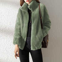 Plüschiger Fleece-Pullover mit hohem Kragen für Damen – Grün