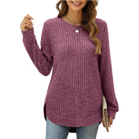 Damen Bequemer Ripp-Pullover mit seitlichen Schlitzen und Rundhals – Purpur
