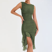 Damen figurbetontes Cocktailkleid mit raffinierten Rüschendetails und asymmetrischem Saum – Olivgrün