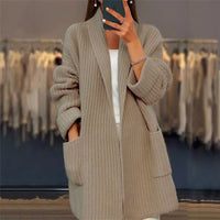 Elegante Lange Strickjacke | mit Taschen – Khaki