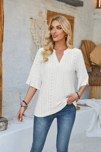 Damen modisches Oberteil mit durchbrochenem Design und Volantärmeln – Weiß