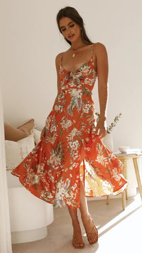 Norberta | Midikleid aus Premiumstoff mit Blumendesign – Orange Blumen