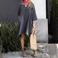 Heidi-Mode | Lässig Einfarbig Lose Taschen Baumwoll-Leinen Kleid – Dunkelgrau