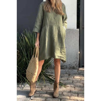 Heidi-Mode | Lässig Einfarbig Lose Taschen Baumwoll-Leinen Kleid – Olivegrün