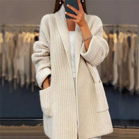 Elegante Lange Strickjacke | mit Taschen – Aprikose