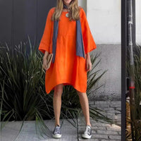 Heidi-Mode | Lässig Einfarbig Lose Taschen Baumwoll-Leinen Kleid – Orange