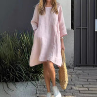 Heidi-Mode | Lässig Einfarbig Lose Taschen Baumwoll-Leinen Kleid – Rosa