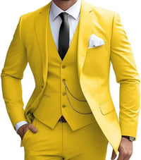 Herren dreiteiliger Anzug mit Revers Weste und flacher Hose – Gelb