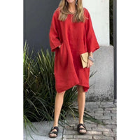 Heidi-Mode | Lässig Einfarbig Lose Taschen Baumwoll-Leinen Kleid – Rot