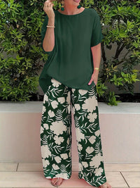Damen Freizeit Zweiteiler mit Blumenmuster | Weite Hose – Dunkelgrün