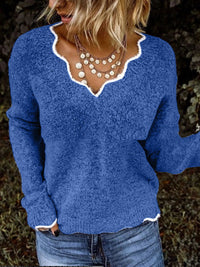 Damen SPITZEN V-AUSSCHNITT STRICKPULLOVER | ELEGANTER, KOMFORTABLER STIL – Blau