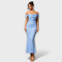 Ione - Off-Shoulder Ruffled Bodycon Dress – Blau