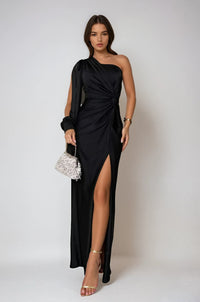 Einseitiges satiniertes Maxi-Abendkleid für Damen – Schwarz