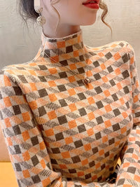 Reigisa | Eleganter Damenstrickpullover - Hoher Ausschnitt, Color Block – Orangerot