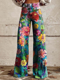 Heidi-Mode | Bequeme Damen Palazzo Hose mit Floralem Muster – Gänseblümchen