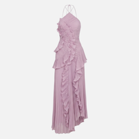 Frauke | Damen Plissee Chiffon Maxikleid Neckholder Rüschen – Plissee Maxi Rüschen – Lila