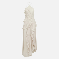 Frauke | Damen Plissee Chiffon Maxikleid Neckholder Rüschen – Plissee Maxi Rüschen – Weiß