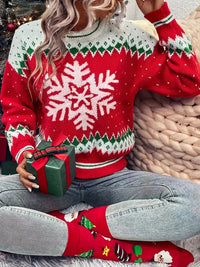 Keynella | Weihnachten Schneeflocken Muster Rundhalsausschnitt Pullover, elegante Drop Shoulder – Polychrom