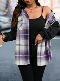 Shialyn | Women's Plus Plaid Print Raglan Ärmel Button Up Drawstring Hooded Jacket – Lila