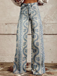 Bequeme Damen Palazzo-Hose mit floralem Muster – Blau Gemustert