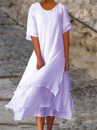 Damen Sommerkleid mit Doppellagen - Kurze Ärmel und Rundhalsausschnitt – Hellviolett