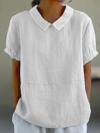 Damen-Leinenbluse mit Bubikragen, Kurzarm, atmungsaktiv – Weiß