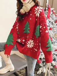 Keylorae | Gemütlicher & stilvoller Weihnachtsbaummuster-Pullover für Frauen – lässige, lockere Passform – Rot