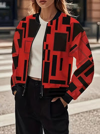 Shivryn | Damen Casual Bedruckte Polyester Jacke mit Rundhalsausschnitt – Rot